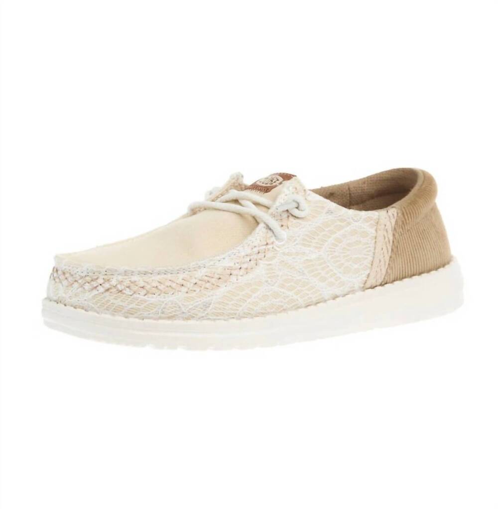 NEW HEY DUDE women's wendy patchwork casual shoe in off white/tan